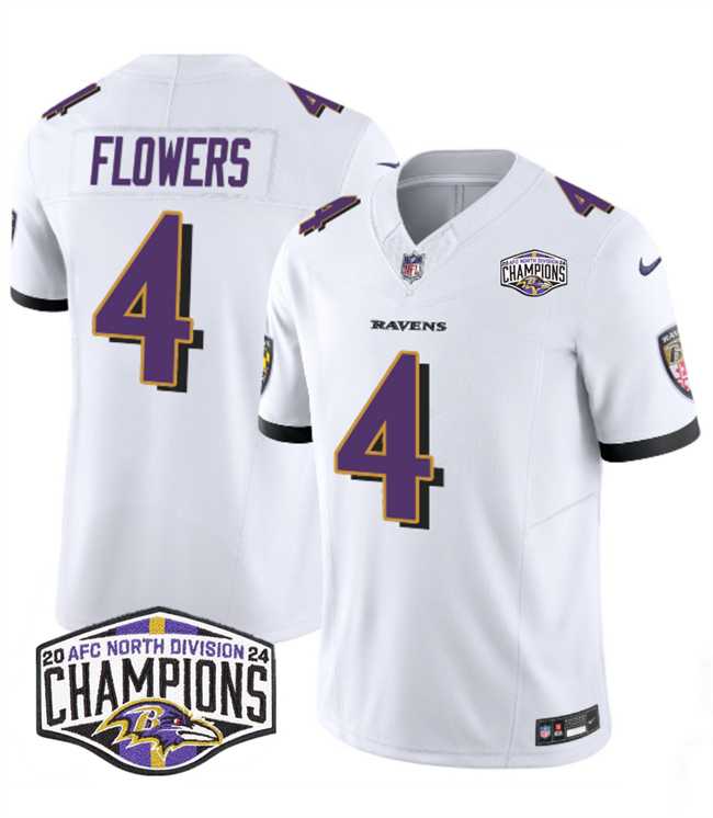 Mens Baltimore Ravens #4 Zay Flowers White F.U.S.E 2024 AFC North Division Champions Vapor Limited Jersey->baltimore ravens->NFL Jersey